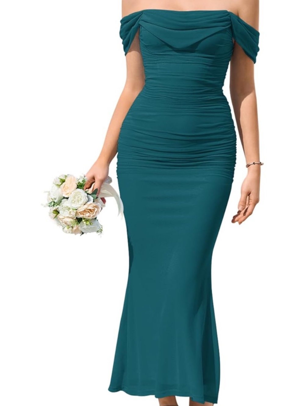 Off-Shoulder Teal Ruched Mermaid Dress